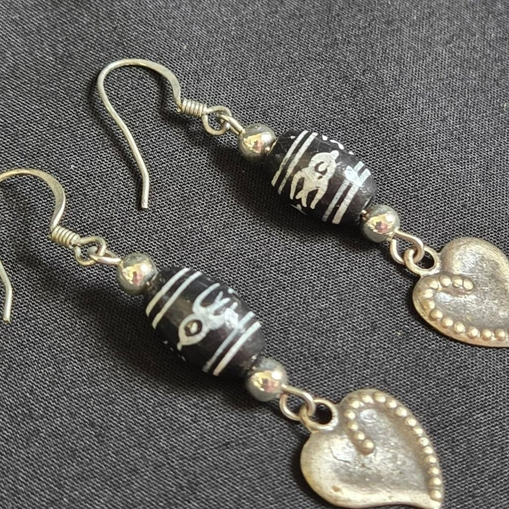 Boho Earrings Black & Silver Beaded Dzi Style with Gold Heart Dangle Accents - Picture 3 of 6